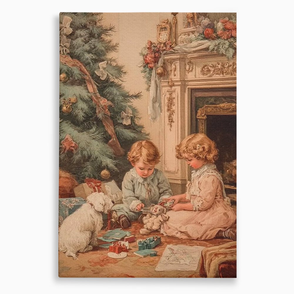 Tablou canvas cu ilustratie vintage cu copii langa bradul de craciun, fara rama, pe sasiu de lemn
